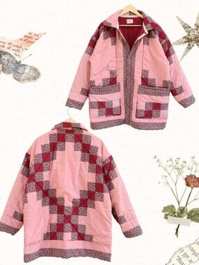 Upcycled Quilt Coat Patchwork Chore Coat Barn Jacket Ditsy Florals Pink Burgundy